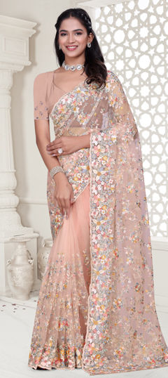 Pink and Majenta color Saree in Net fabric with Embroidered, Resham, Stone, Zircon work