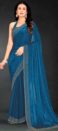 Blue color Saree in Shimmer fabric with Cut Dana, Zircon work