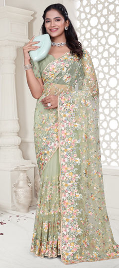 Green color Saree in Net fabric with Embroidered, Resham, Stone, Zircon work