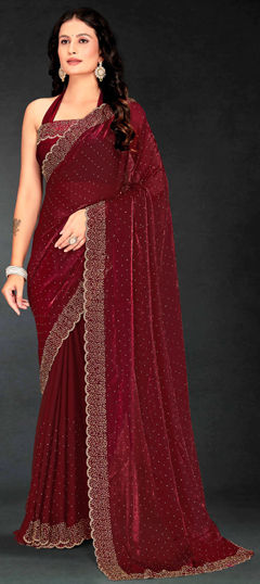Red and Maroon color Saree in Shimmer fabric with Cut Dana, Zircon work