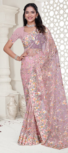 Pink and Majenta color Saree in Net fabric with Embroidered, Resham, Stone, Zircon work