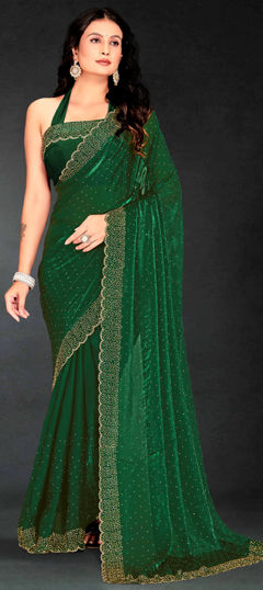 Green color Saree in Shimmer fabric with Cut Dana, Zircon work