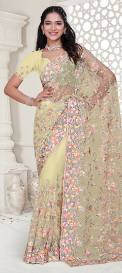 Yellow color Saree in Net fabric with Embroidered, Resham, Stone, Zircon work