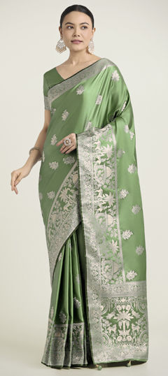 Green color Saree in Banarasi Silk fabric with Weaving work