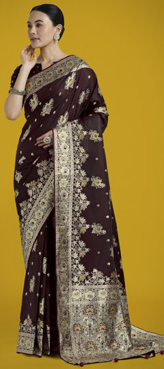 Red and Maroon color Saree in Banarasi Silk fabric with Weaving work