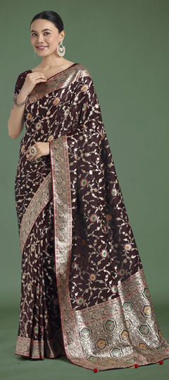 Red and Maroon color Saree in Banarasi Silk fabric with Weaving work