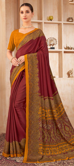 Red and Maroon color Saree in Crepe Silk, Silk fabric with Printed work