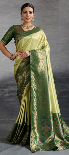 Green color Saree in Kanjeevaram Silk fabric with Weaving work