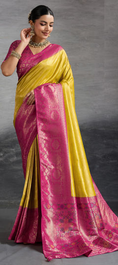 Pink and Majenta, Yellow color Saree in Kanjeevaram Silk fabric with Weaving work