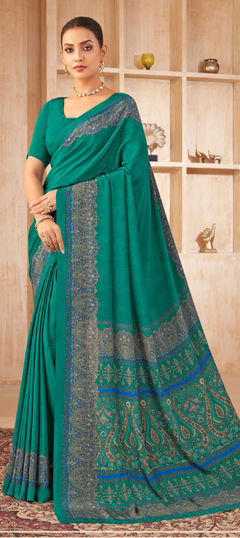 Green color Saree in Crepe Silk, Silk fabric with Printed work
