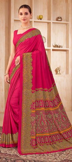Pink and Majenta color Saree in Crepe Silk, Silk fabric with Printed work
