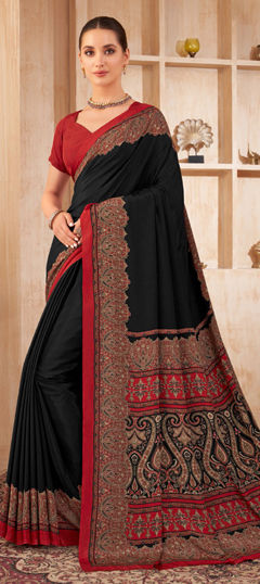 Black and Grey color Saree in Crepe Silk, Silk fabric with Printed work
