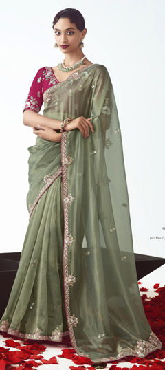 Green color Saree in Tissue fabric with Sequence work