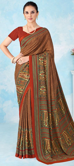 Beige and Brown color Saree in Crepe Silk, Silk fabric with Printed work
