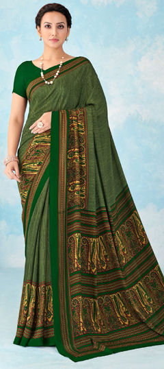 Green color Saree in Crepe Silk, Silk fabric with Printed work
