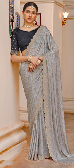 Black and Grey color Saree in Silk fabric with Zircon work