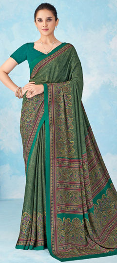Green color Saree in Crepe Silk, Silk fabric with Printed work