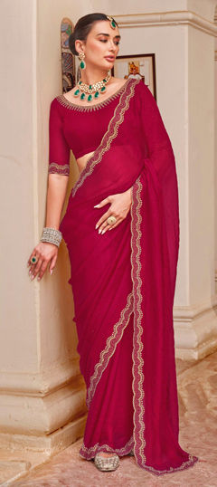 Pink and Majenta color Saree in Tissue fabric with Zircon work