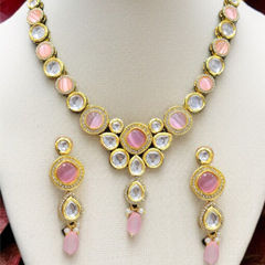 Gold Rodium Polish Pink and Majenta color Necklace in Metal Alloy studded with CZ Diamond, Pearl