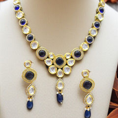 Gold Rodium Polish Blue color Necklace in Metal Alloy studded with CZ Diamond, Pearl