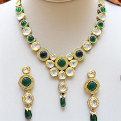 Gold Rodium Polish Green color Necklace in Metal Alloy studded with CZ Diamond, Pearl