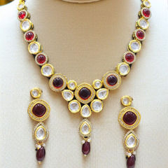 Gold Rodium Polish Red and Maroon color Necklace in Metal Alloy studded with CZ Diamond, Pearl