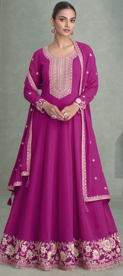 Pink and Majenta color Gown in Georgette fabric with Embroidered, Thread work