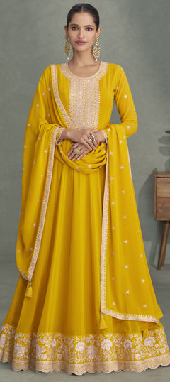 Yellow color Gown in Georgette fabric with Embroidered, Thread work