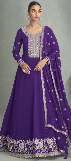 Purple and Violet color Gown in Georgette fabric with Embroidered, Thread work