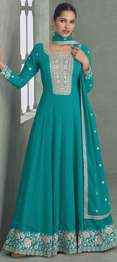 Blue color Gown in Georgette fabric with Embroidered, Thread work