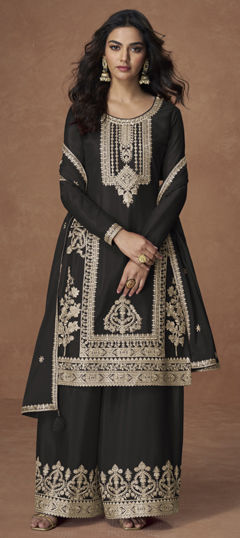 Black and Grey color Salwar Kameez in Chinon Silk fabric with Embroidered, Thread work