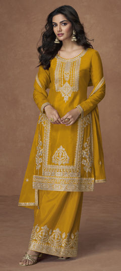 Yellow color Salwar Kameez in Chinon Silk fabric with Embroidered, Thread work