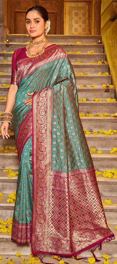 Green, Red and Maroon color Saree in Banarasi Silk fabric with Weaving work