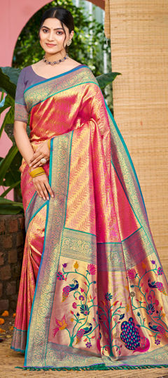 Pink and Majenta color Saree in Kanjeevaram Silk fabric with Weaving work