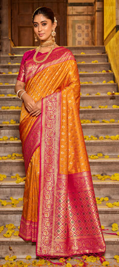 Yellow color Saree in Banarasi Silk fabric with Weaving work
