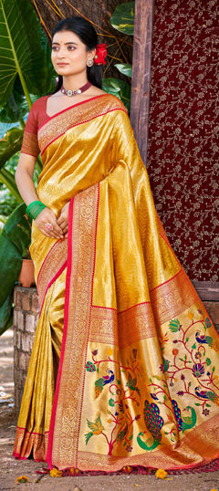 Yellow color Saree in Kanjeevaram Silk fabric with Weaving work