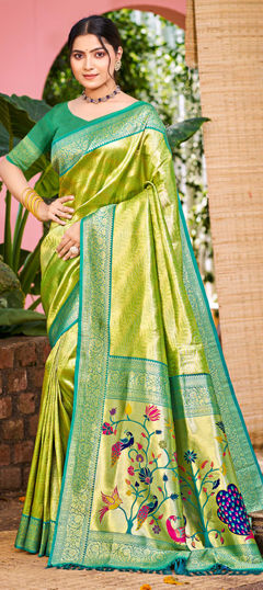 Green color Saree in Kanjeevaram Silk fabric with Weaving work