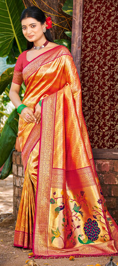 Orange color Saree in Kanjeevaram Silk fabric with Weaving work