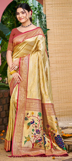Beige and Brown color Saree in Kanjeevaram Silk fabric with Weaving work