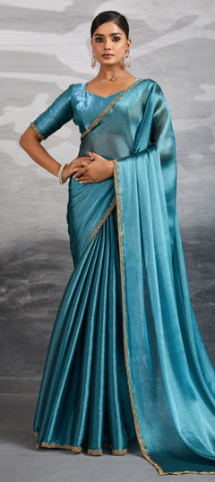 Blue color Saree in Chiffon fabric with Lace work
