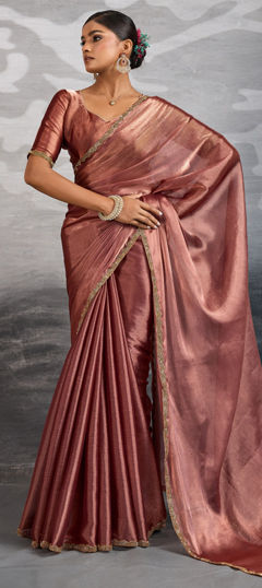 Beige and Brown color Saree in Chiffon fabric with Lace work