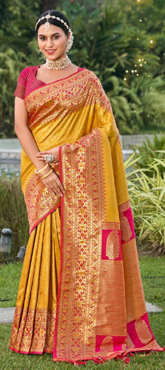 Yellow color Saree in Banarasi Silk fabric with Weaving work