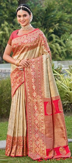 Beige and Brown color Saree in Banarasi Silk fabric with Weaving work