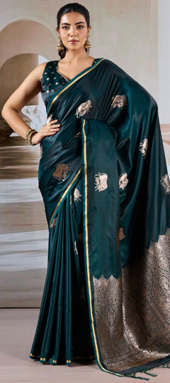 Green color Saree in Satin Silk fabric with Weaving work