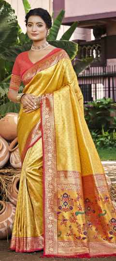 Yellow color Saree in Kanjeevaram Silk fabric with Weaving work