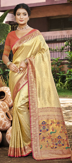 White and Off White color Saree in Kanjeevaram Silk fabric with Weaving work