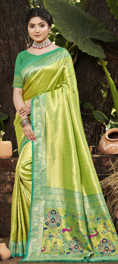 Green color Saree in Kanjeevaram Silk fabric with Weaving work