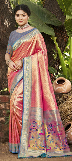 Pink and Majenta color Saree in Kanjeevaram Silk fabric with Weaving work