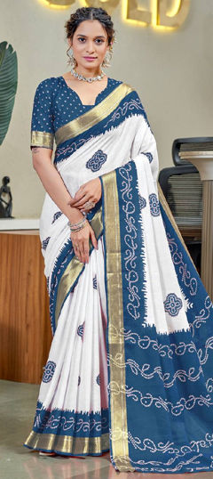 Blue, White and Off White color Saree in Cotton fabric with Bandhej, Printed, Weaving work