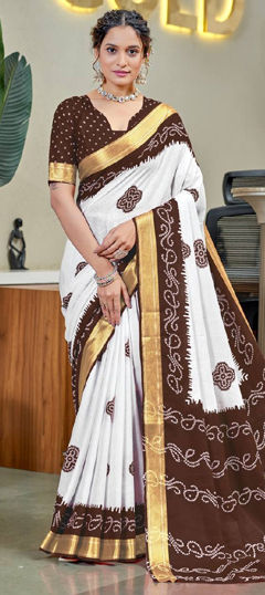 Beige and Brown, White and Off White color Saree in Cotton fabric with Bandhej, Printed, Weaving work